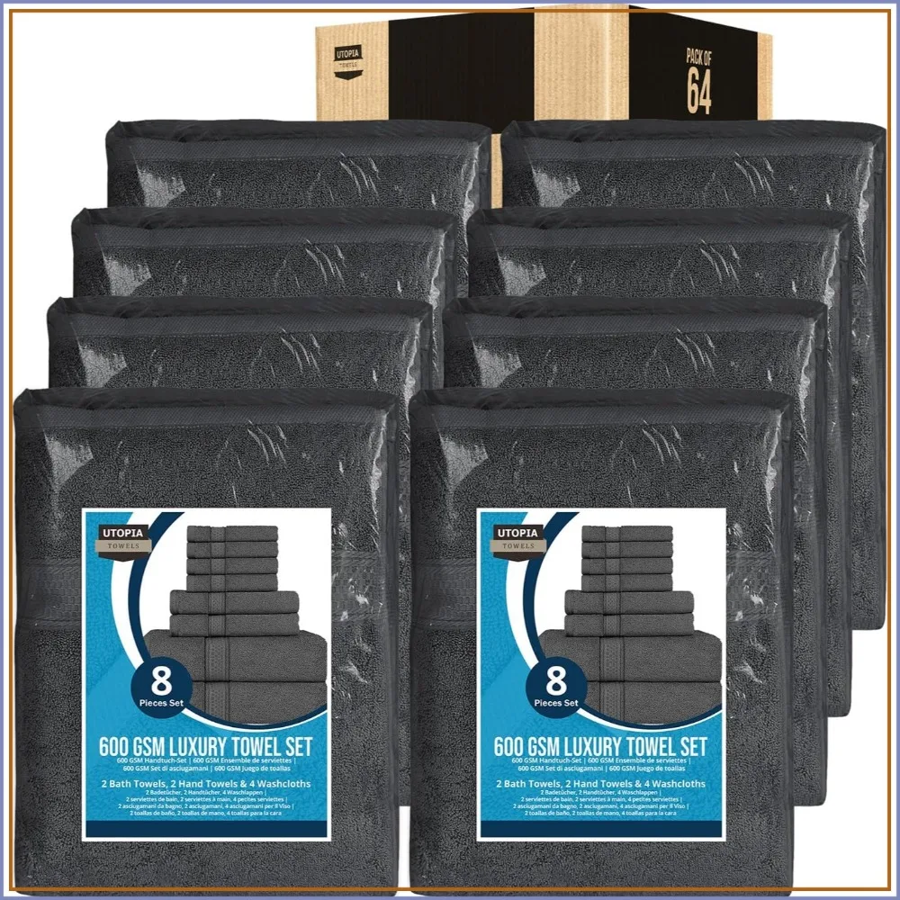 64PC Hotel Spa Towel Set 16 Bath 16 Hand 32 Washcloths Grey 600GSM