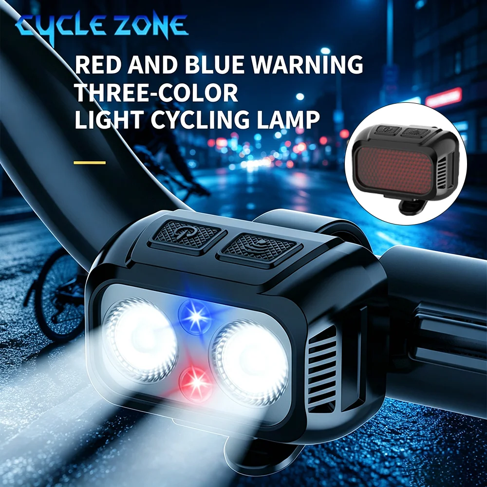 Dual Switch Bicycle Front Light Red Blue Warning Headlight 4 Level Power Display Rear Light Type-C Rechargeable Bike Taillight