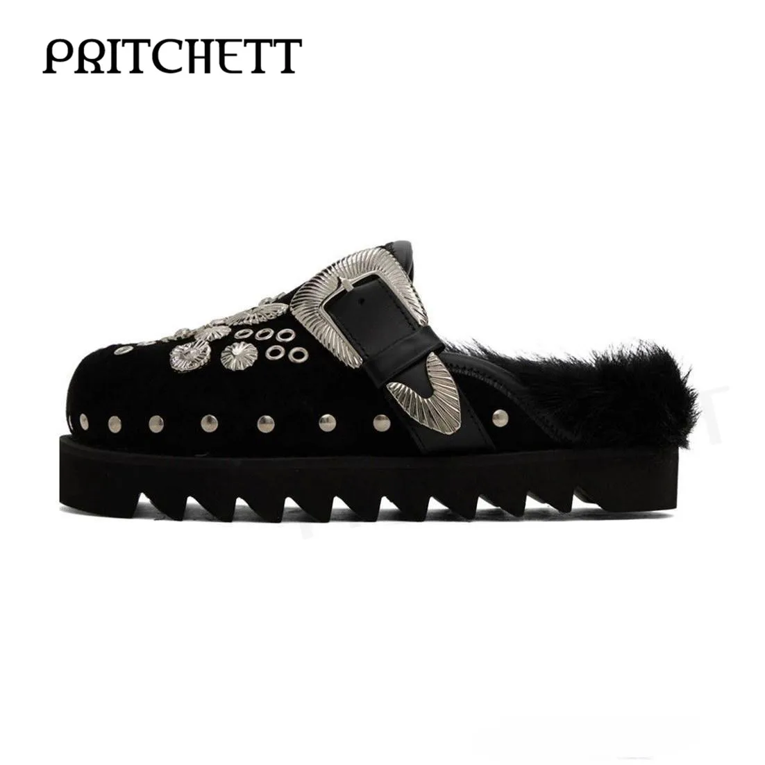 Silver Iron Buckle Rivets Decorative Slippers Round Toe Platform Black Plush Warm Slippers Fashion Personality Winter Home Shoes