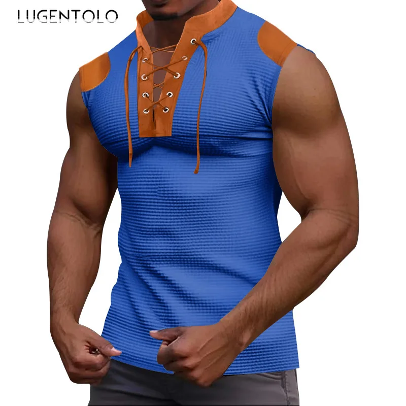 Men Casual Tank Tops Outdoor Waffle Pattern Sleeveless Breathable T-shirt Color-block Lace-up V-neck Fashion Street Sports Top