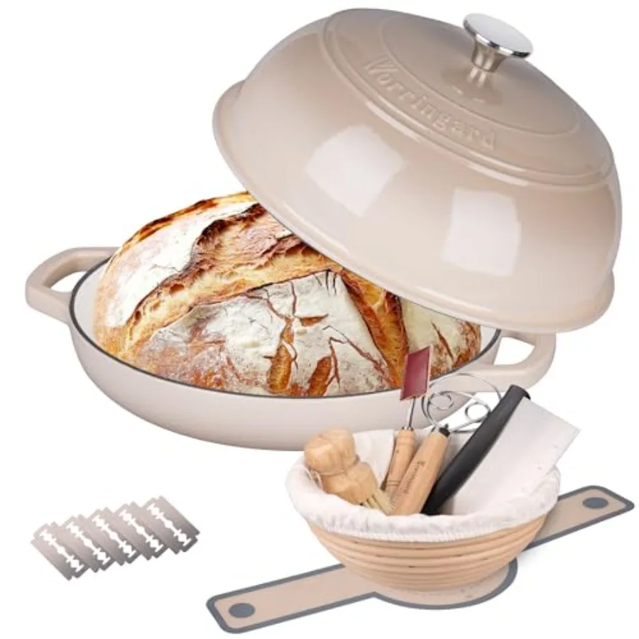 

Enameled Cast Iron Dutch Oven Pot with Lid Bread Oven for Sourdough Bread Baking Dutch Ovens with Bread Proofing Basketand Baki