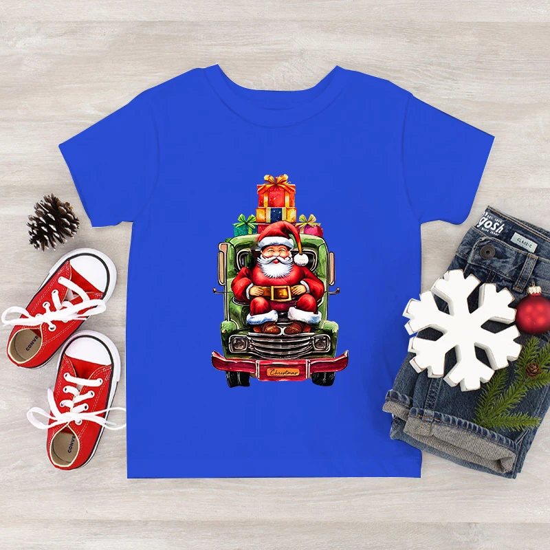 Santa Claus Truck Christmas Gift Print Kids T-shirt Fashion Short Sleeve Clothing Christmas Party Boys Girls Cartoon Xmas Tshirt