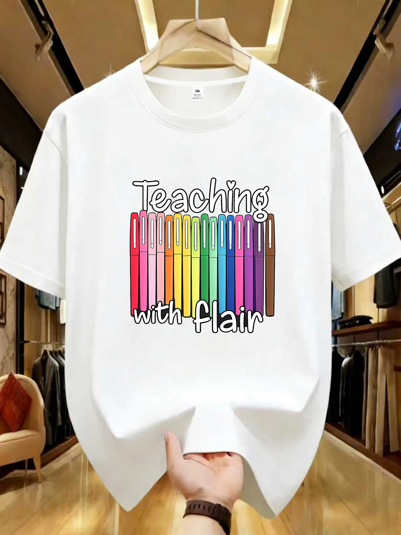 

【WDS01355】Женская футболка с принтом Rainbow Marker Teacher Graphic Plus Size, летняя повседневная футболка с коротким рукавом, уличный стиль