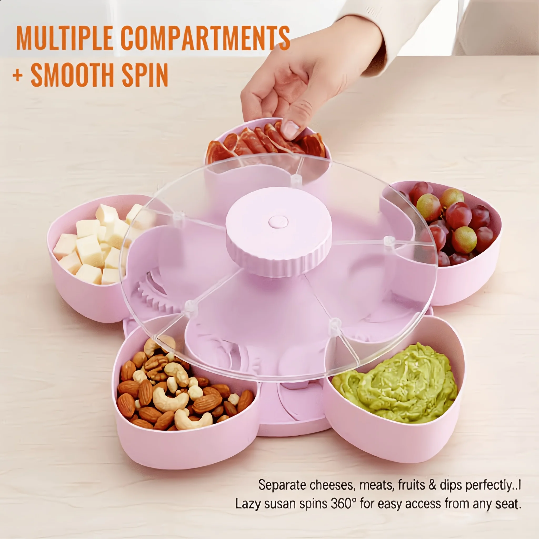360° Rotating Lazy Susan Snack Tray with Lid 6-Compartment Divided Serving Platter Board Parties Picnics Appetizers Nuts Fruits