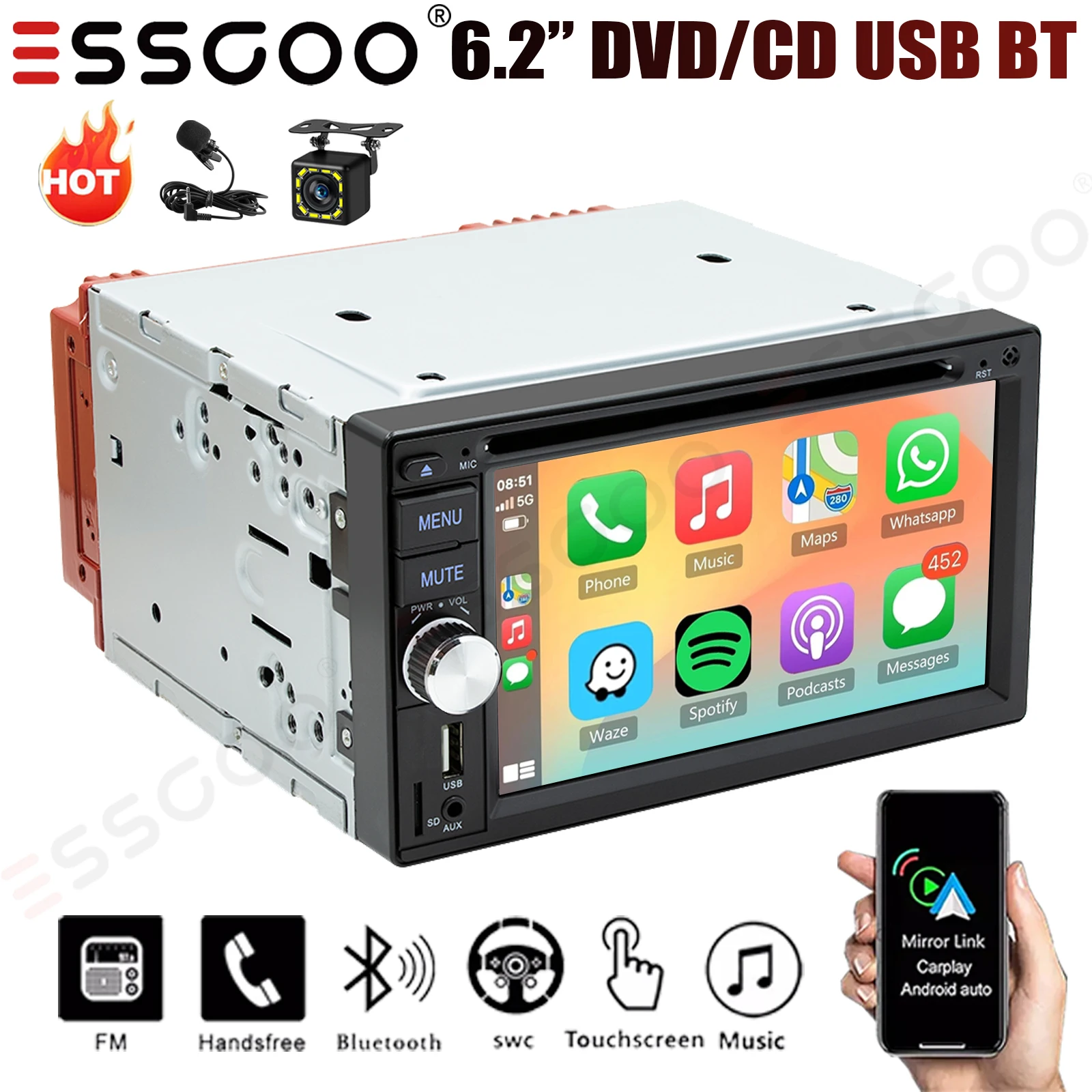 

ESSGOO 6.2" Double 2 DIN Apple CarPlay & Android Auto DVD/CD Player Car Stereo Radio USB Bluetooth Head Unit FM/RDS+MIC&Camera