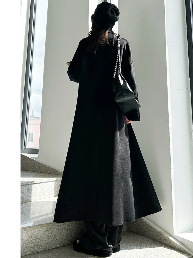 New Women Classic Black Wool Blends Coat Autumn Winter Fashion Suit Collar Double Breasted Elegant Daily Loose Overcoat