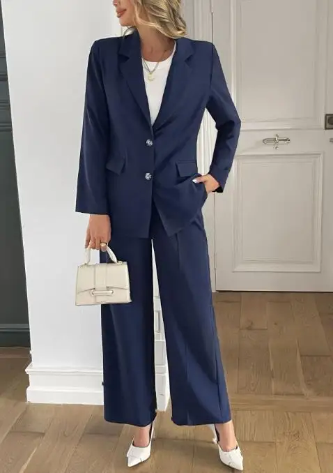 2025, einreihiger, langärmliger Blazer und Hose mit weitem Bein für Damen im Herbst und Winter, stilvolles, formelles Zweiteiler-Set