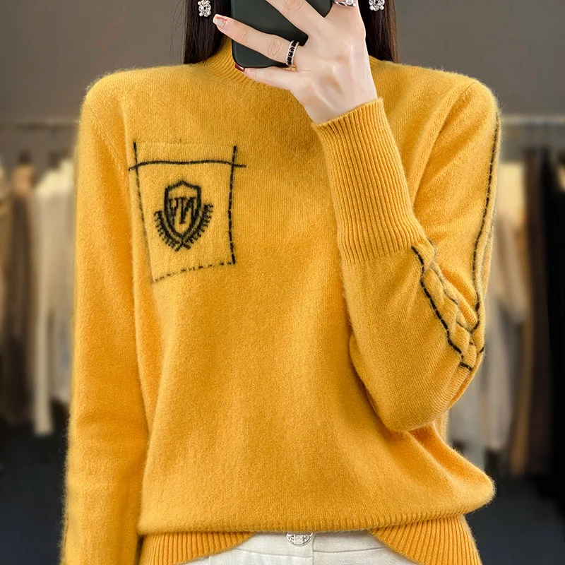 Autumn and winter new 100% merino wool women\'s semi high neck sweater knitting casual pullover loose soft color contrast blouse