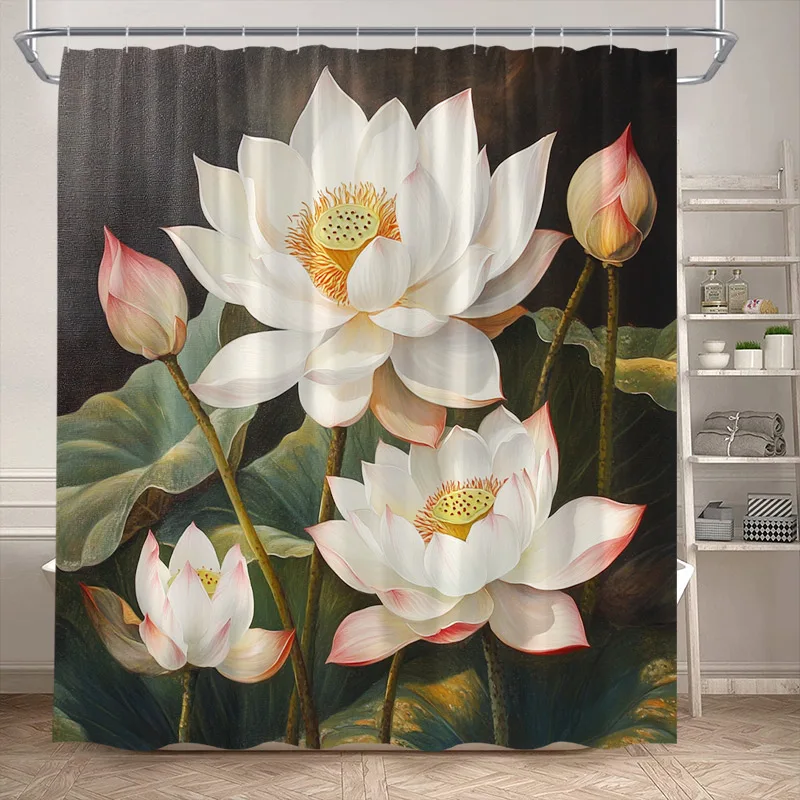 Lotus Shower Curtains White Floral Green Leaves Plant Chinese Style Art Bath Curtain Polyester Bathroom Bathtub Decor With Hooks