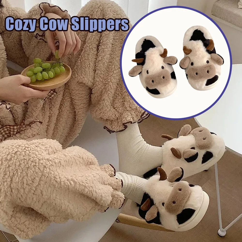 

Модные коровьи плюшевые тапочки, теплые и мягкие, с закрытым носком, удобная домашняя обувь на тему милых животных, женская и мужская зимняя обувь