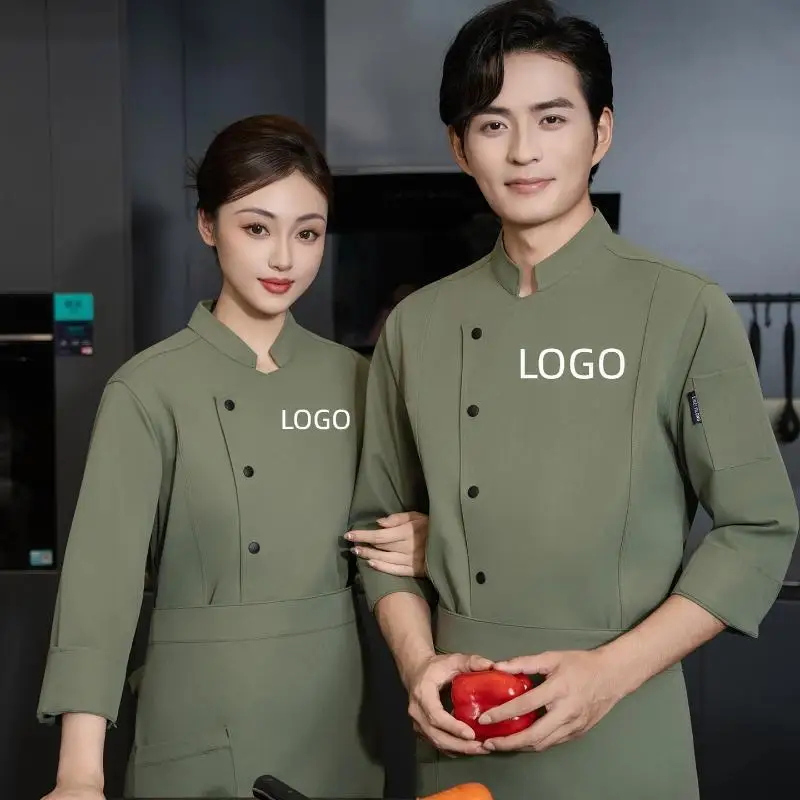 Solid Color Single Row Baking Chef Workwear Long Sleeved Chef Uniform Customized Logo Catering Hotel Kitchen Cooking Jacket Men