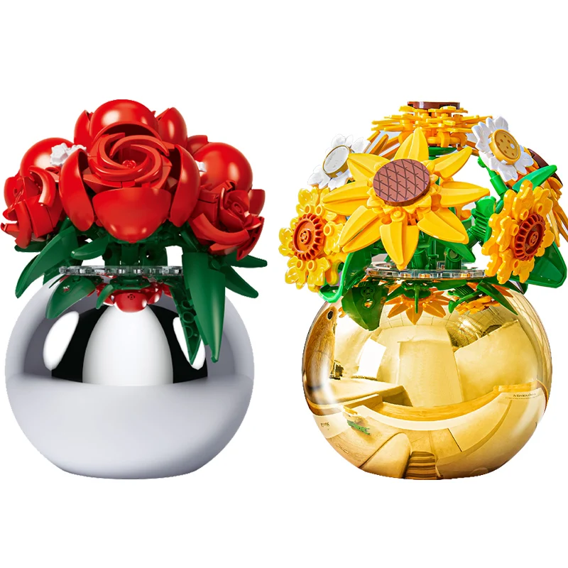 Anime Baustein Blumen Ewige Blume Topfpflanzen Rosen Desktop Dekorationen Sonnenblumen Spielzeug Zusammengebautes Puzzle Geschenke Mädchen