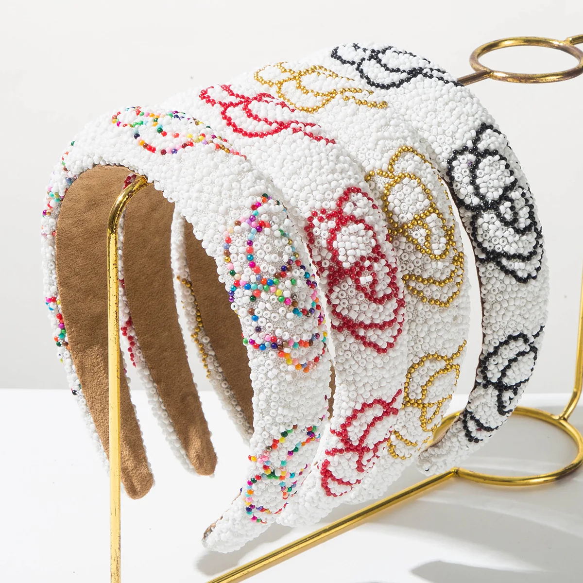 

New Retro Color Block Beaded Flower Headband for Women Luxury Versatile Wide Hair Accessory