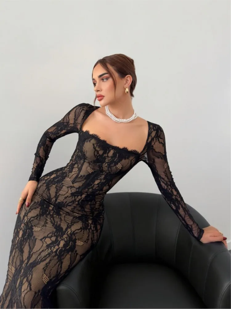 

2025 Elegant Bodycon dress Slim Vestido Package Hip Dresses 2025 Woman Lace Square Leader Fashion Temperament French Long Sleeve