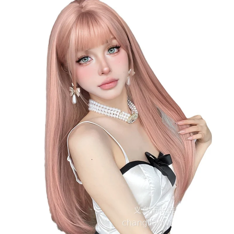 Women's long straight hair wig with air bangs, rose pink, fashionable full headpiece, wholesale cos