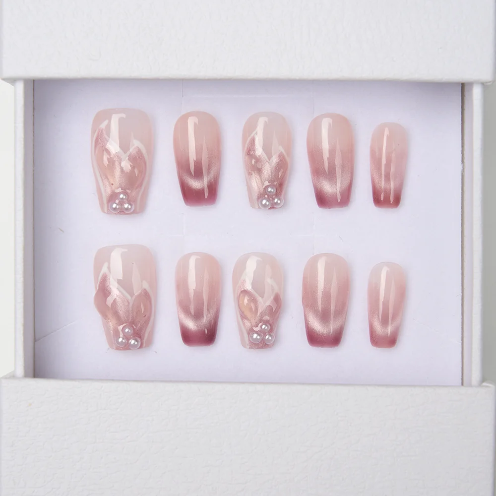 

10pcs Handmade Press on Nails Cat Eye Gradient French Fishtail Pearl Full Coverage Nail for Women&Girl Removable Wearable Nail