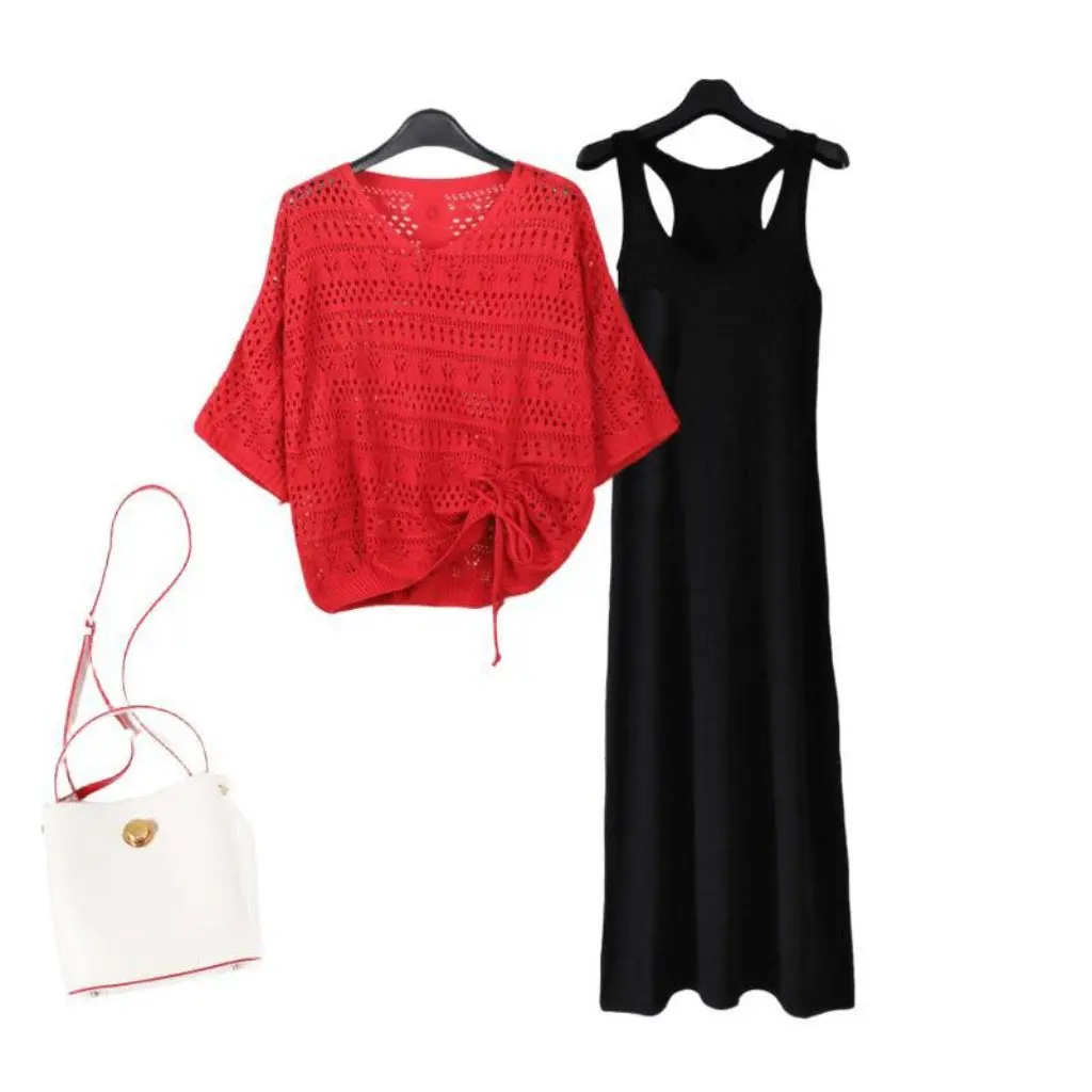 

Летний новый стильный женский комплект платьев, тонкий трикотаж, двухсекционная длинная юбка феи с вырезом, модный тренд