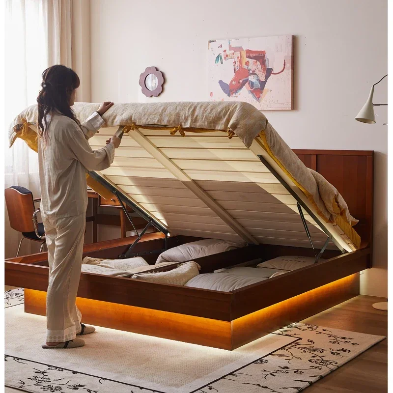 

Retro solid wood bone line, high box bed 2025 master bedroom 1.5/1 retro bedroom small apartment double bed