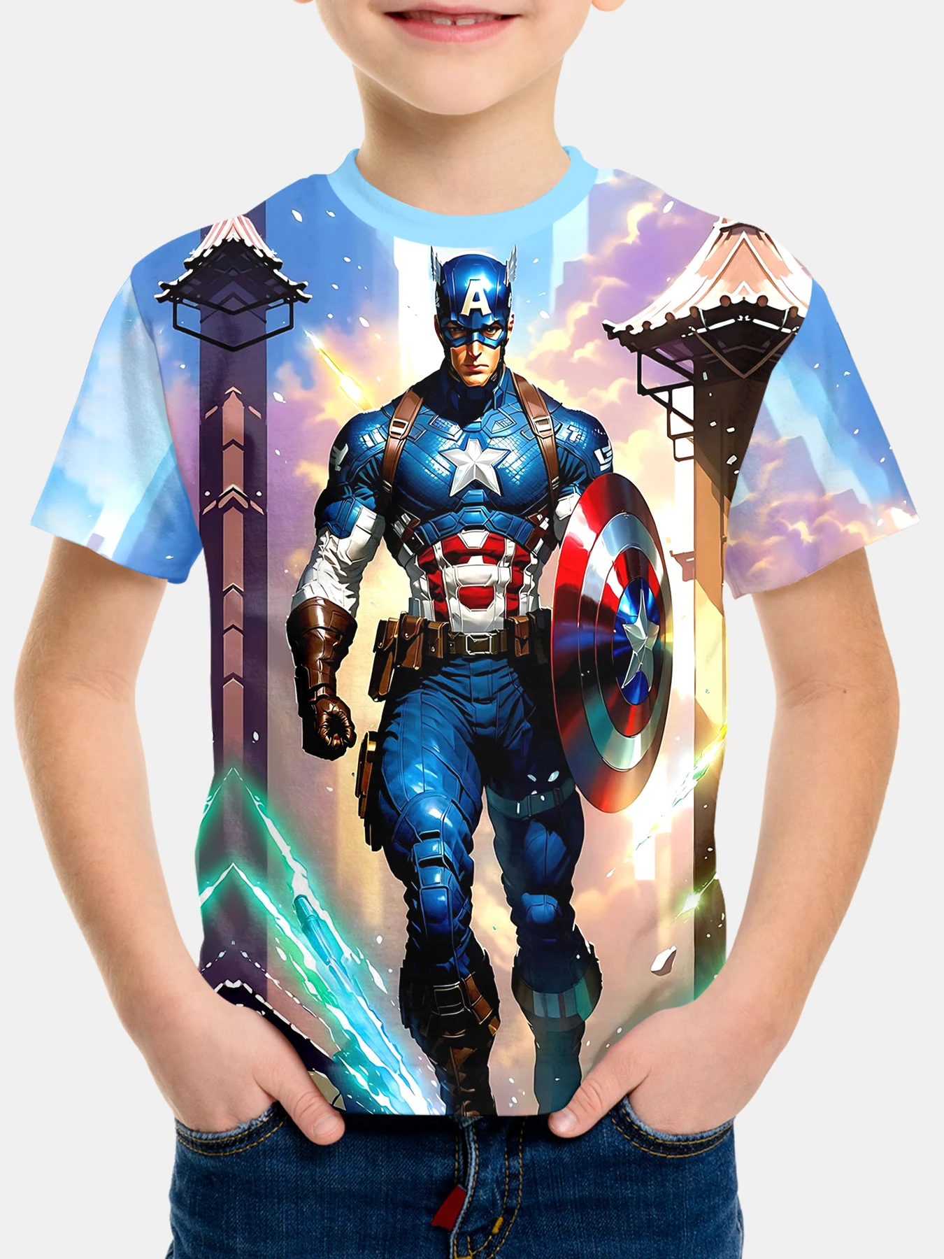 MarvelS Superhero Captain America 3D Printed T-shirt for Boys and Girls Summer Cartoon Anime Casual Short-sleeved Children's Top