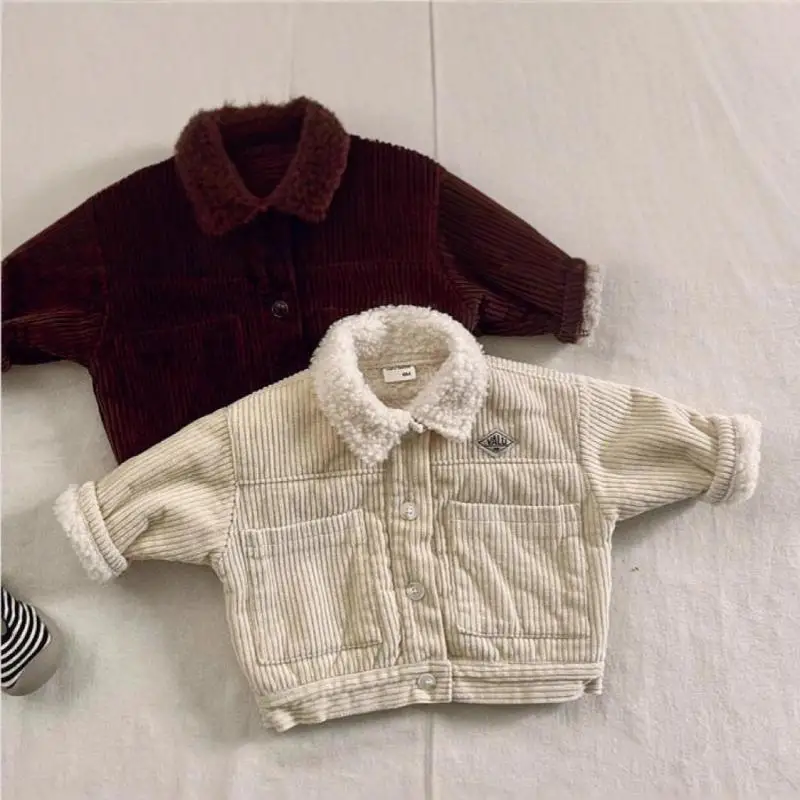

2025 Winter New Baby Long Sleeve Fleece Coat Corduroy Infant Girls Padded Jacket Plus Velvet Thick Toddler Solid Lapel Warm Coat
