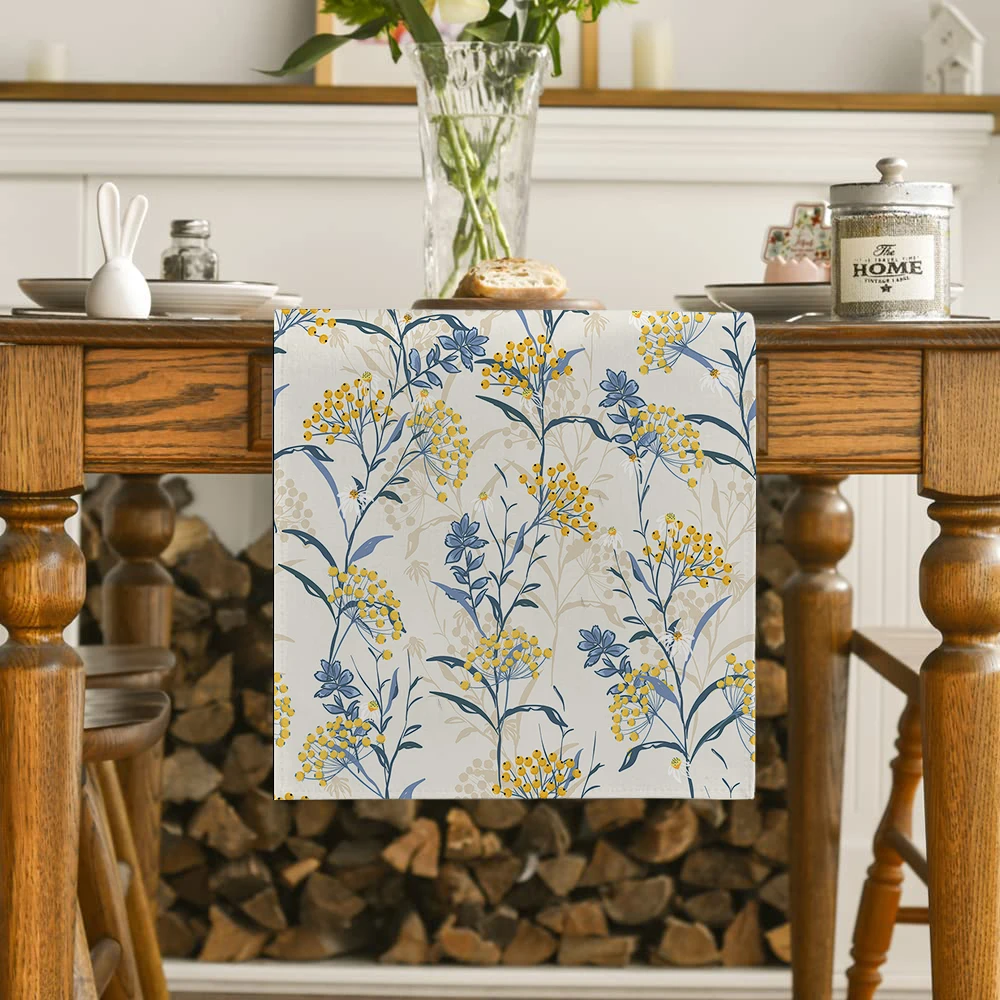 Plant Branches and Leaves Flowers Table Runner Polyester Table Runners for Dining Room Cottagecore Polyester Table