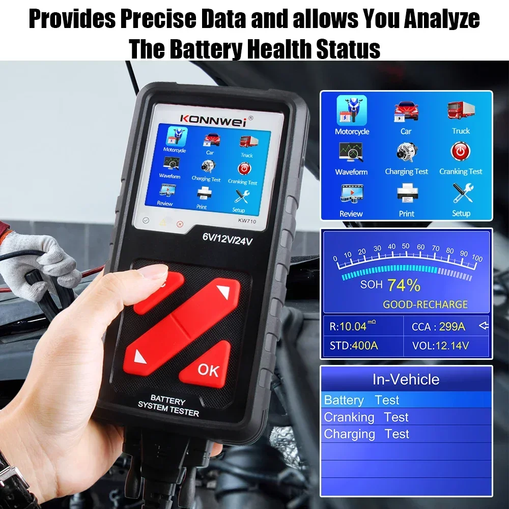 KONNWEI KW710 Motorcycle Car Truck Battery Tester KW 710 Battery Analyser 6V 12V 24V Car Cranking and Charging System Diagnosis