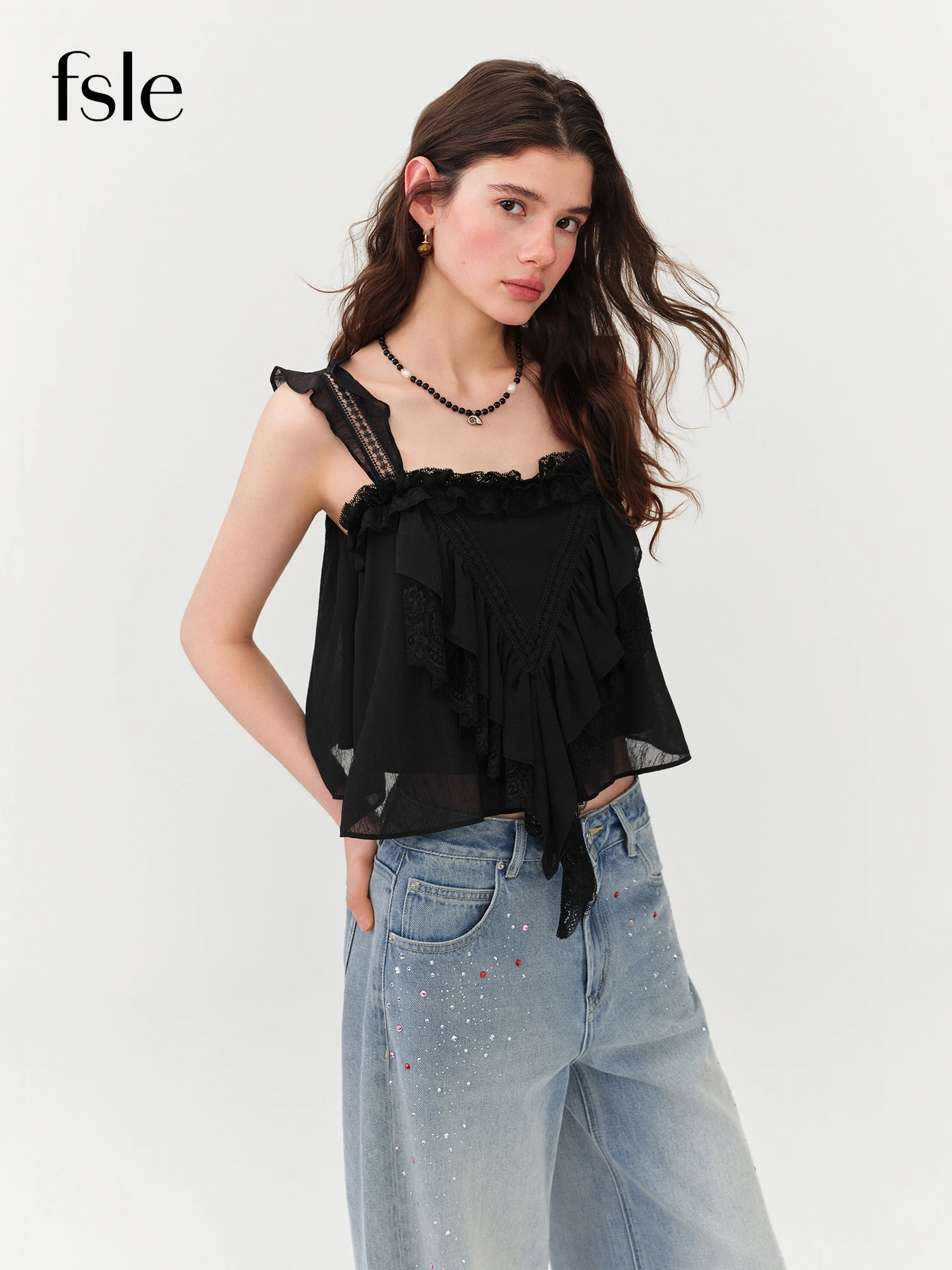 

Летний женский укороченный топ FSLE 2026 с квадратным вырезом и тонкими бретелями, блузка для образа в стиле Y2K Coquette и повседневного многослойного стиля