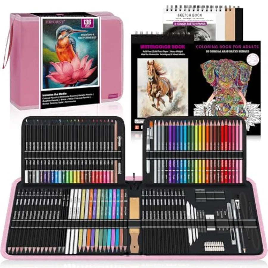

136 PCS Drawing and Sketching SetPro Art Supplies with Graphite Charcoal Colored Watercolor Metallic Pencils Blending Tools Ske