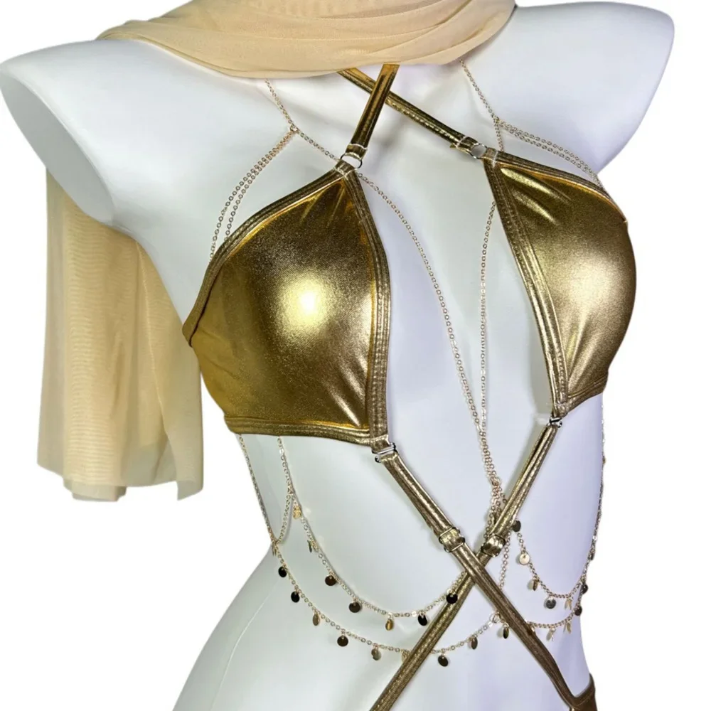 Medieval Egypt Queen Gold Dress Egyptian Cat Outfits Cosplay Costume Sexy Vintage Goddess Roleplay Uniform Dance Girl Nightdress view 4
