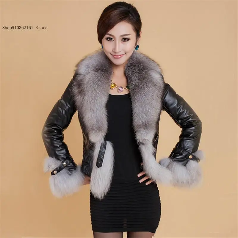 Women Motorcycle Zipper Winter Faux Fox Fur Collar Short Coat Pu Leather