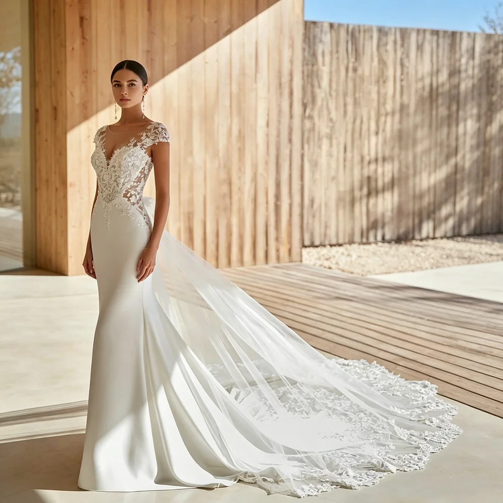 Vestido de novia sirena 2026 con manga corta, apliques de encaje, escote V profundo ilusorio, espalda descubierta, corte trompeta en satén, vestido de boda elegante con cola larga de encaje para ceremonia nupcial