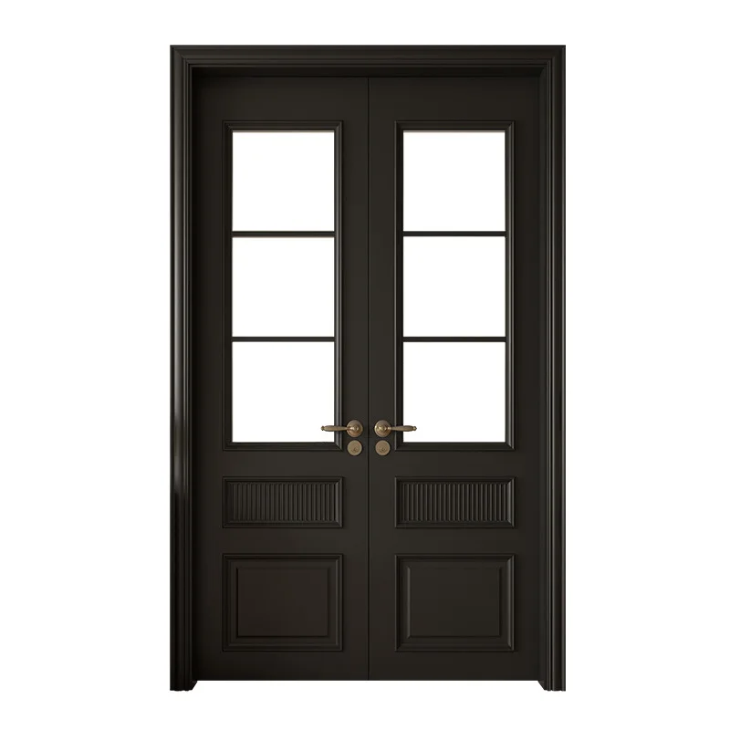 Solid wood paint door black study bedroom room open double door light French retro style home