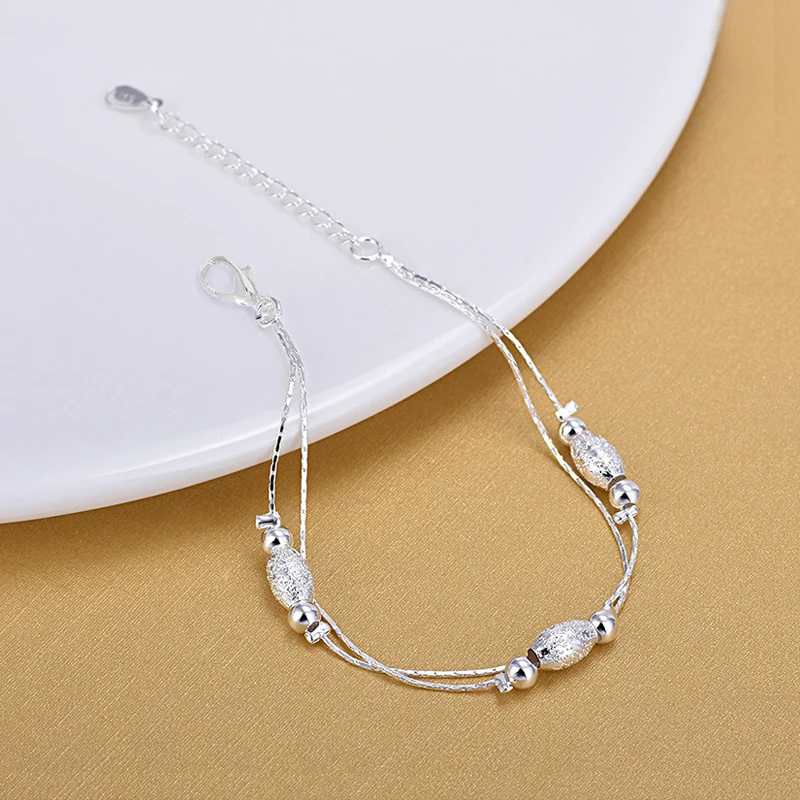 925 Sterling Silver Fashion Elegant Oval Frosted Bead Pendant Double Layer Anklets Women Jewelry Gift Summer Foot Chain Bracelet 4