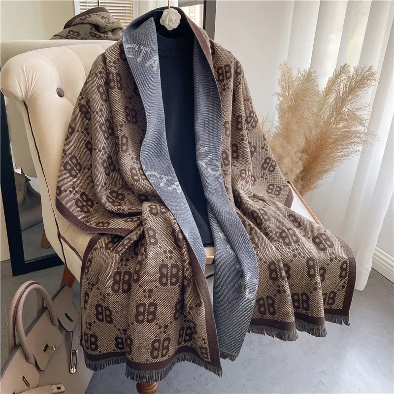 Luxury Letter B Scarf Women\'s Autumn and Winter Outside Imitation Cashmere Shawl Dual-purpose Warm Double-sided Fringed Scarf