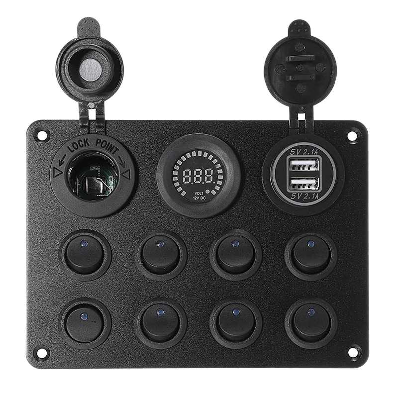 8 Gang Marine Boat LED Circuit Breaker Toggle Switch Panel with Digital Voltmeter Dual USB Port for Car Boat RV Truck