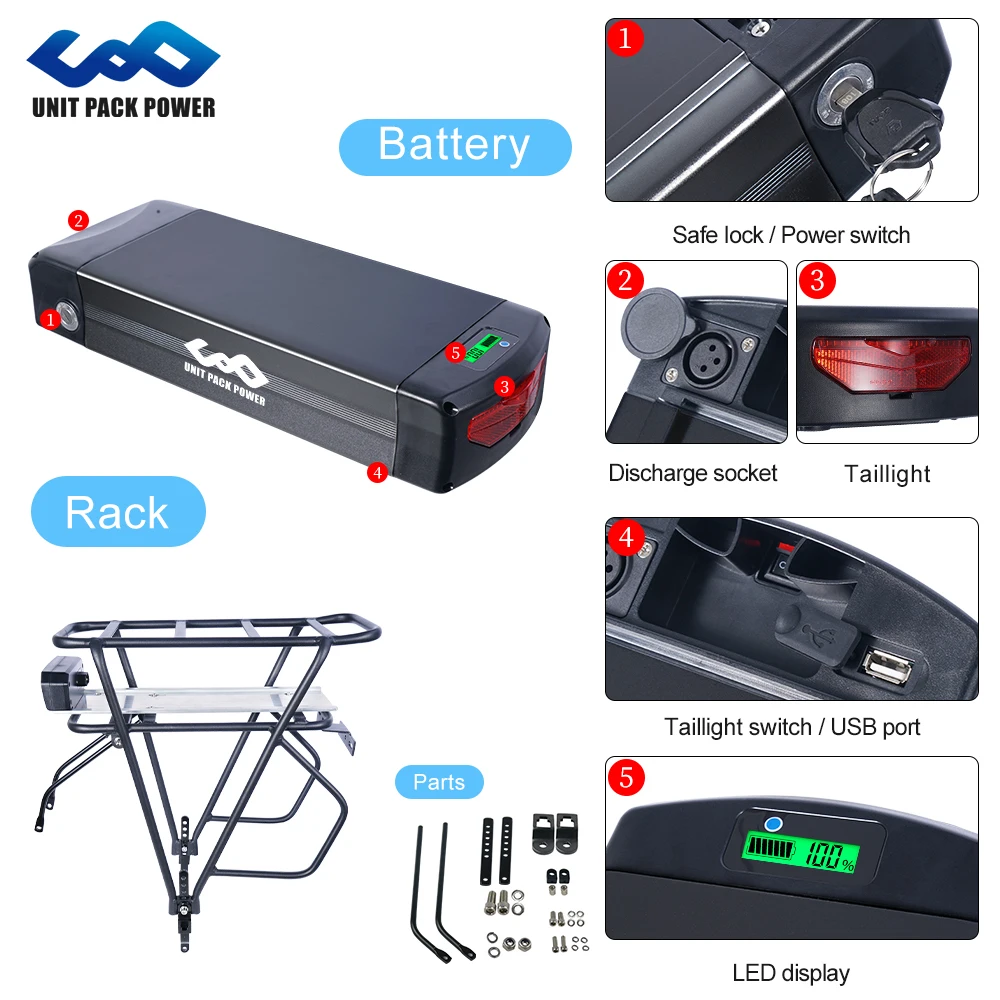 Waterproof Rear Rack E-bike Battery 72V 20AH Bicycle Rechargeable  Batteries 60V 52V 30AH with Taillight for2000W 3000W Motor