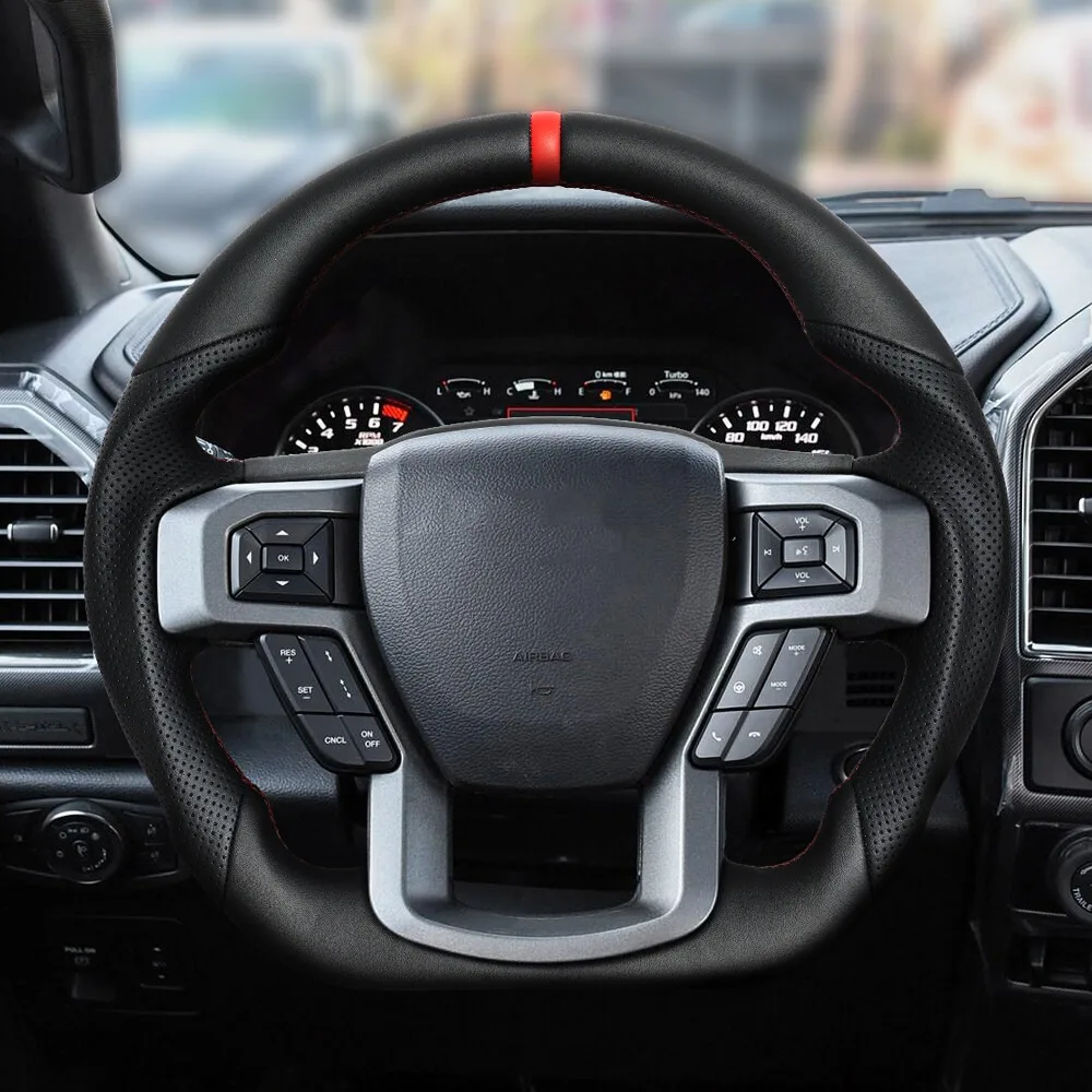 Heated Full Leather Flat Bottom Steering Wheel No Paddle Holes with Red Top Stripe Fit For Ford F-150 Raptor 2015-2020 Racing Car Accessories