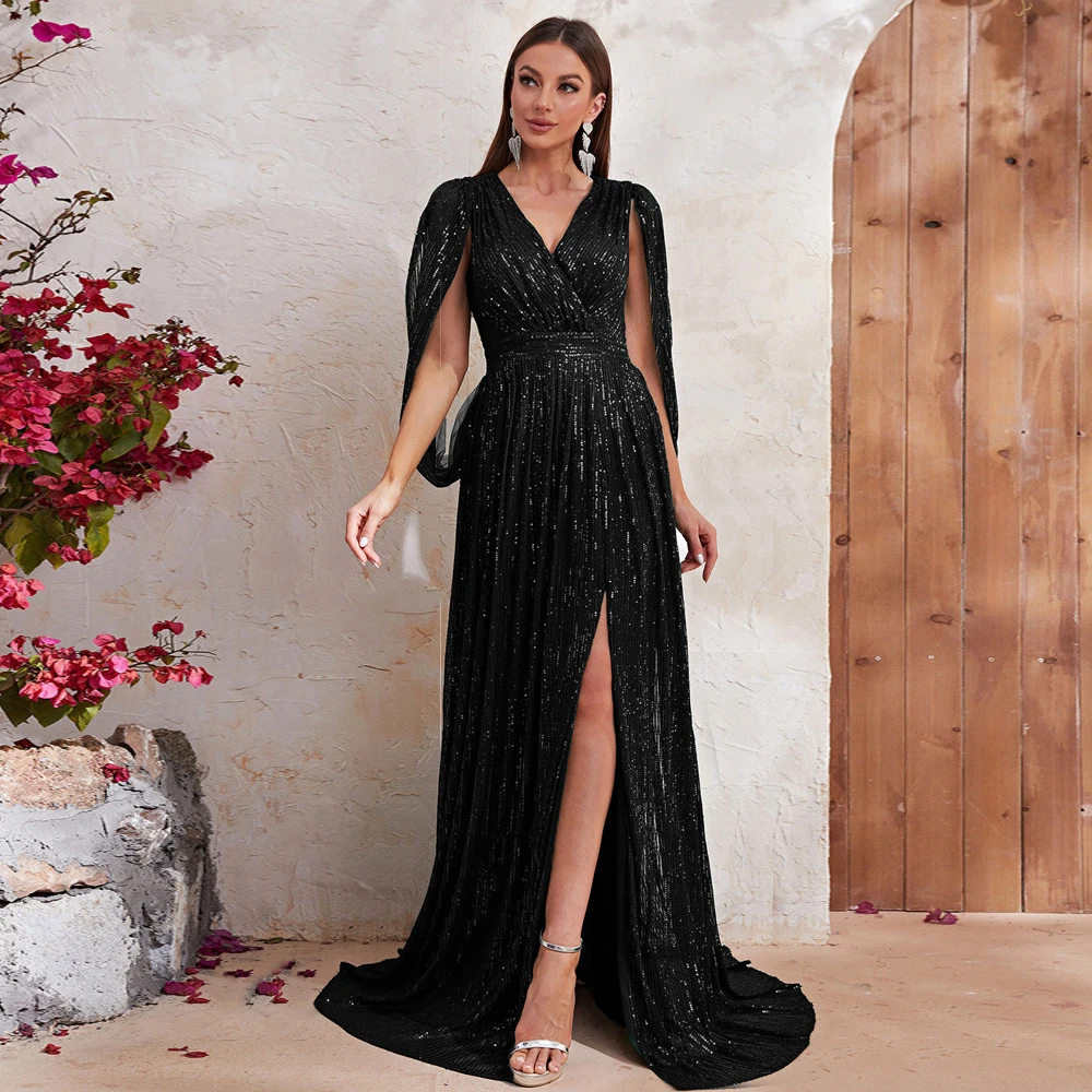 

New Design Black 2024 Long Evening Dress A Line Side Split Bling Sequin Elastic Wedding Party Gowns Custom Made Robe De Soiree