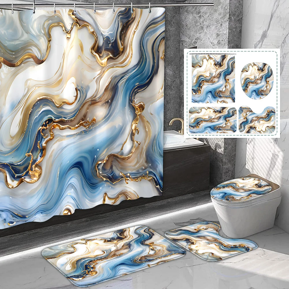 

1 комплект занавесок для душа с принтом синего и золотого мрамора и крючками, ковриков для ванной комнаты, принадлежностей для ванной комнаты