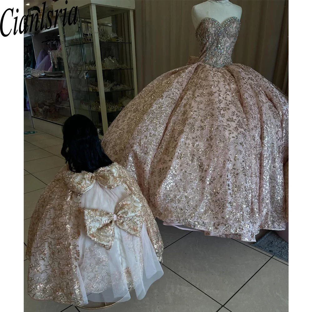 Блестящие Розовые платья для Quinceanera, бальное платье, милая 16-дюймовая аппликация с бусинами, фотоблестящее платье, 15-дневное платье