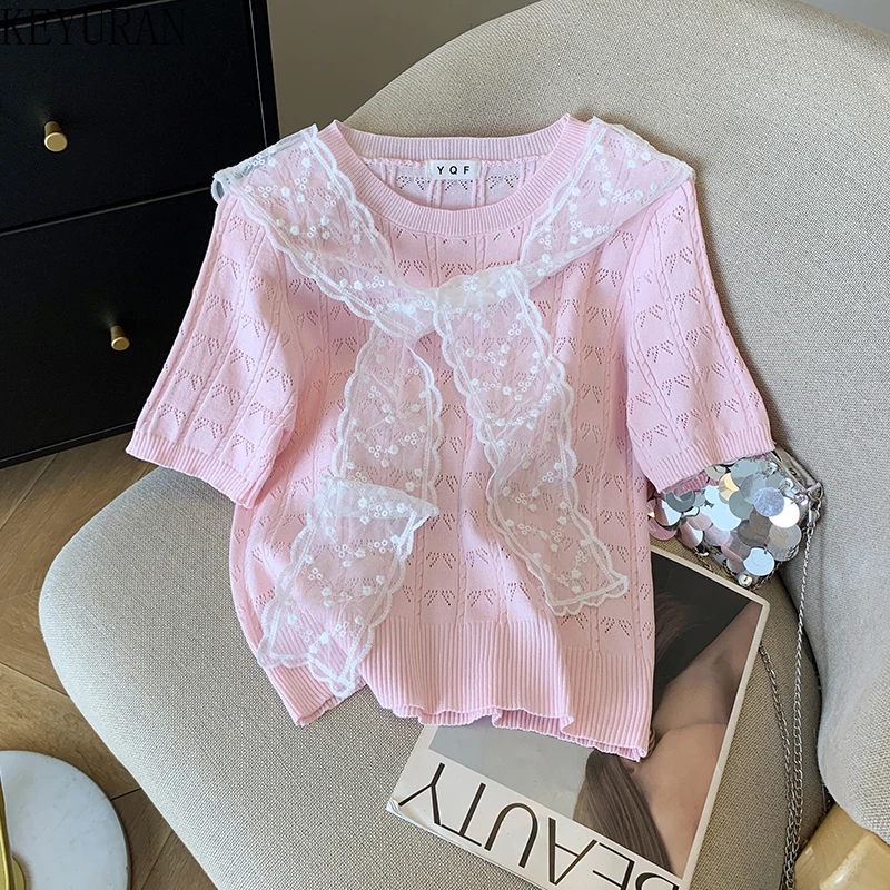 

Korean Style Lace Shoulder Short Sleeve Ice Silk Knitted Women's T-shirts Summer 2025 New Gentle Round Neck Knitwear Tops Tees