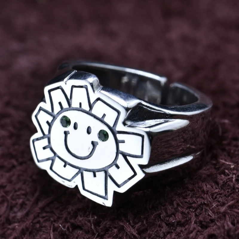 Genuine S925 Sterling Silver Rings for Women Men New Fashion Sunflower Smiling Face Punk  Jewelry Adjustable Size Wholesale