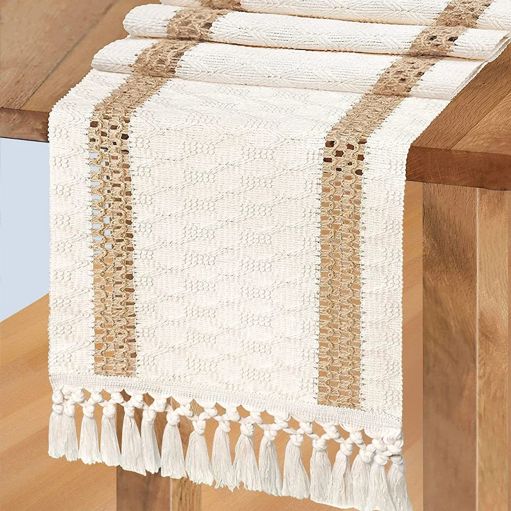 

Boho Table Runner, Macrame Table Runners, Cream & Brown Farmhouse Table Runner with Tassels for Bohemian Wedding