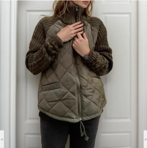 Women's polyester zip-up cardigan with long sleeves and a stand collar