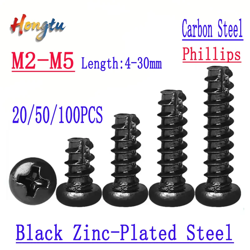 

M2-M5 PT Pan Head Self-Tapping Wood Screws: Cut Tail, Phillips Recessed, Black Zinc-Plated Steel