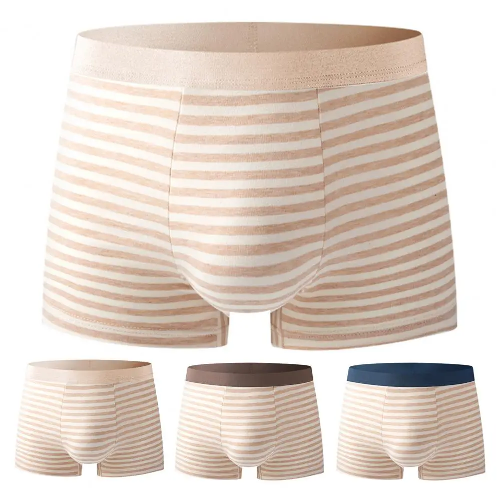 

Men Boxer Underwear Mid-rise Striped Print Shorts Briefs Comfortable Fit Wide Waistband U-Convex Sleeping Shorts Daily Wear Boxe