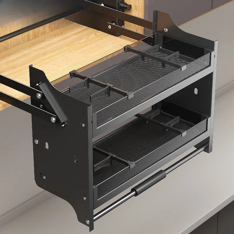 Wall Cabinet Pull‑Down Lift Basket Soft‑Close Damping Seasoning Organizer For Double‑Door Upper Cabinet Kitchen Spice Storage