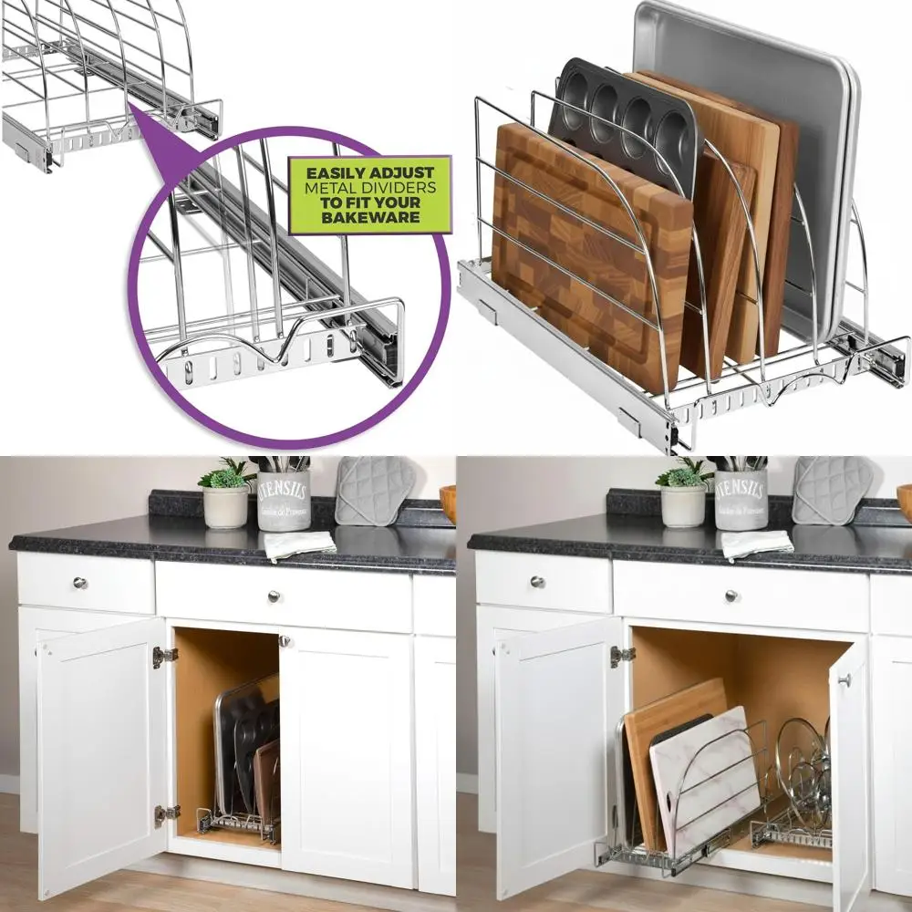 

Adjustable Heavy-Duty Chrome Organizer for Bakeware, Cutting Boards, and Trays - Fits Narrow Cabinets, 12.5W x 21D x 11H