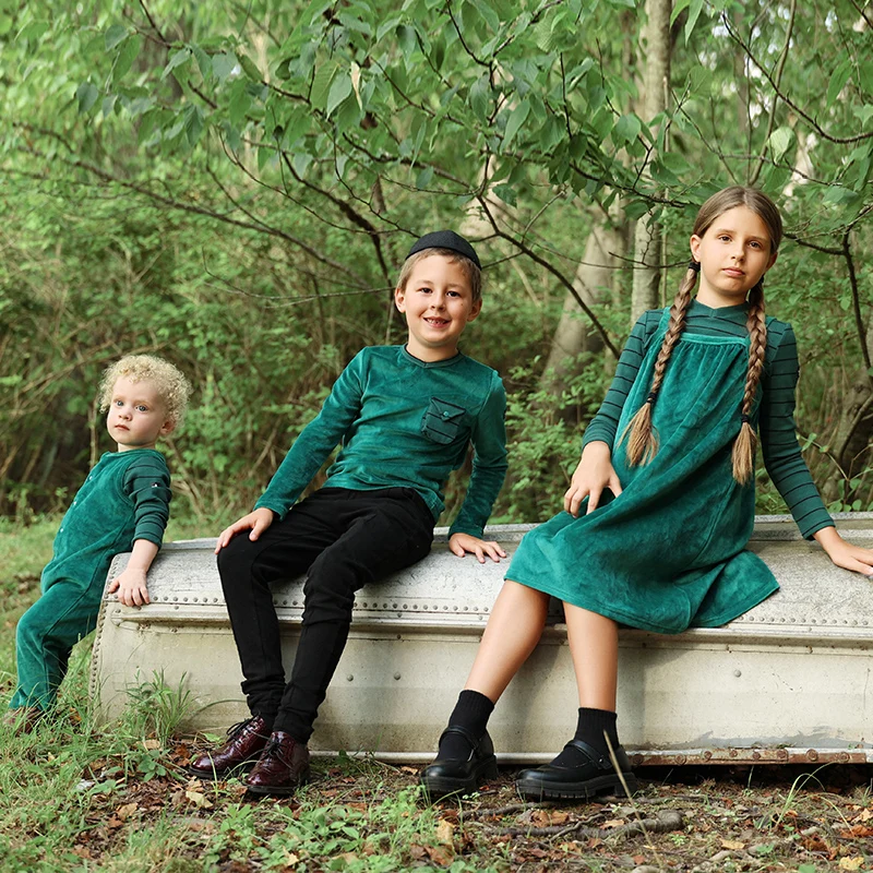 AA-Velour and Striped Layered Set Kids Clothes Sibling Matching Girl Dress Boys Top Baby Romper V Neck Children Family Matching