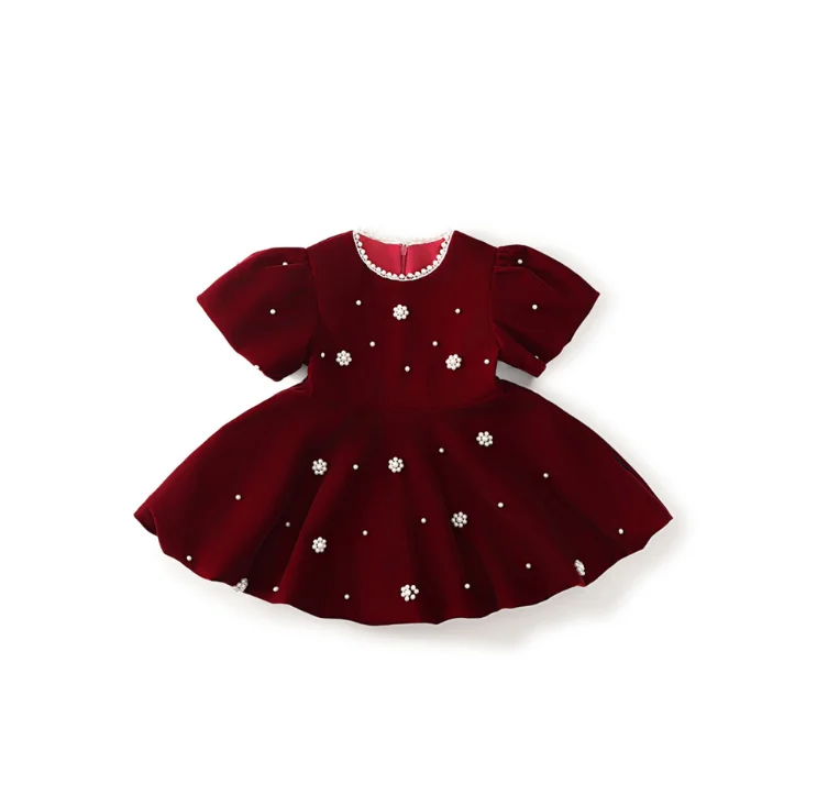 New Baby Girls Winter  Wine Red Vest  Beading Dress, Princess Kids Elegant Party Birthday Dress 2-7T